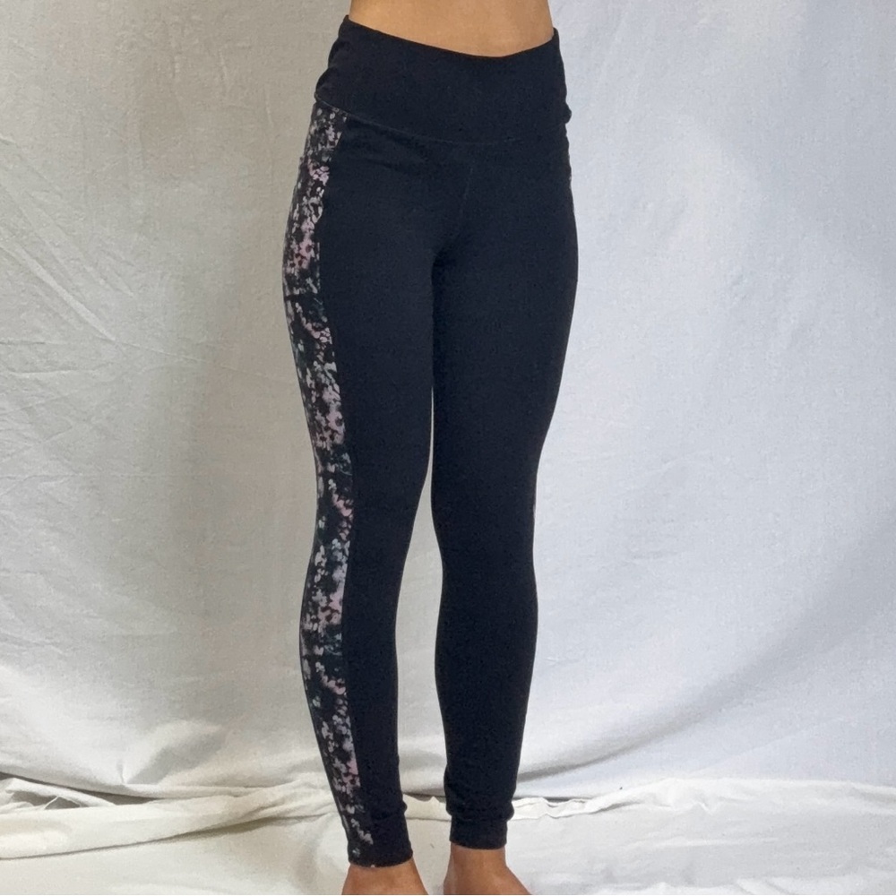 Girls' Black Leggings with Pink Floral Side Stripe